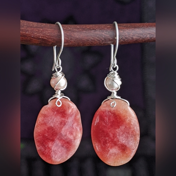 Strawberry Rhodochrosite Earrings Handmade In Pure Sterling Silver With Pearls - Picture 6 of 16